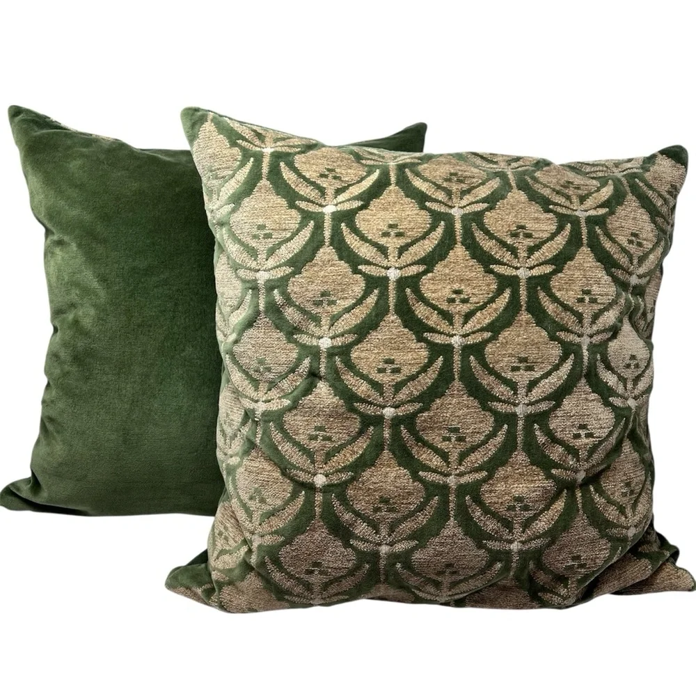 Crate&Barrel Kita Green and Tan Velvet Floral Throw Pillows Set of 2